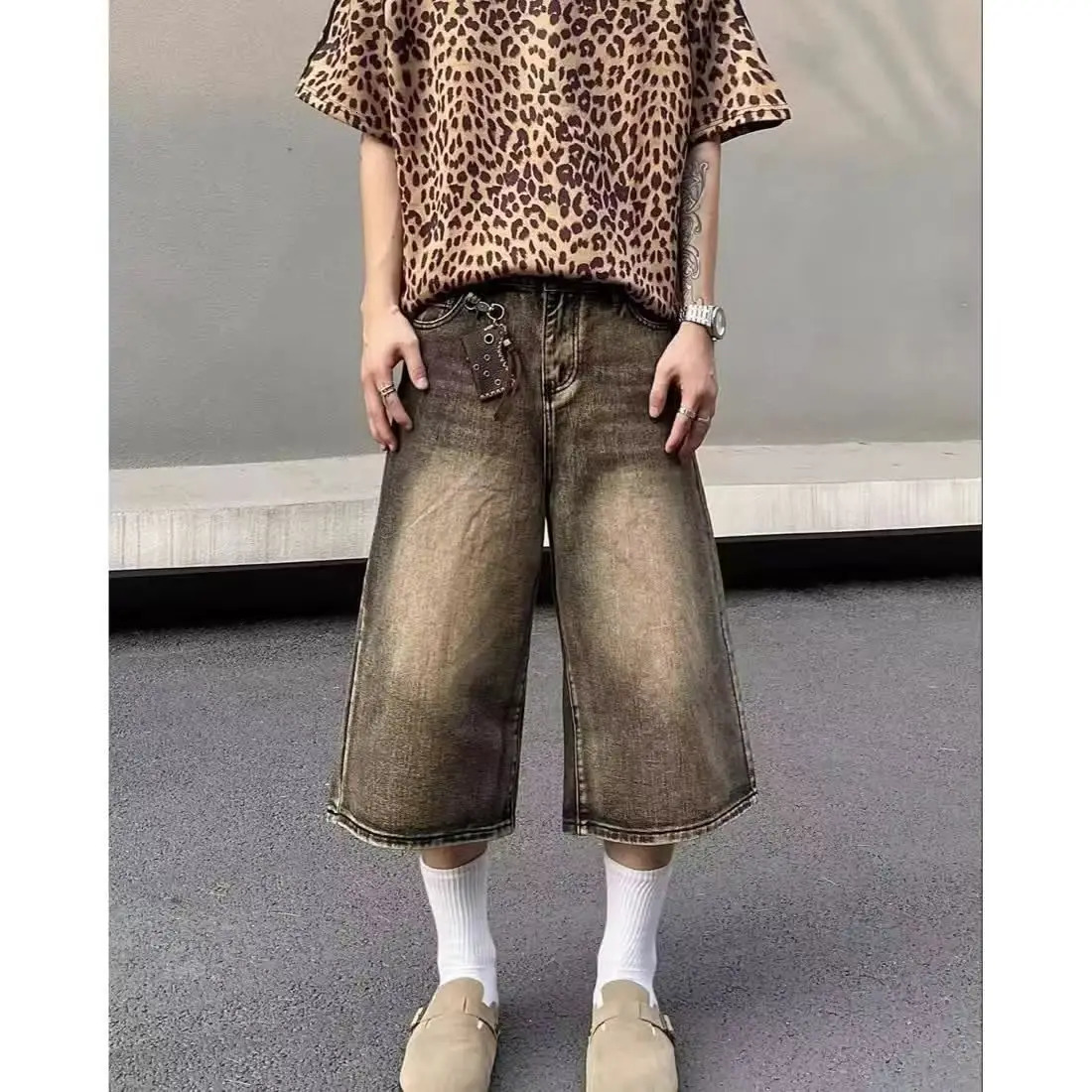 American retro cropped men wide leg jeans Y2k Gothic washed loose straight casual couple shorts sweatpants 250519