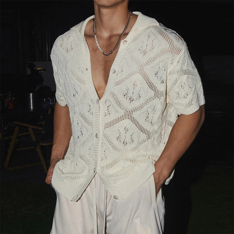 Sexy Mens Hollow Out Knit Shirt Vintage See Through Breathable Knitting Shirts Men Summer Stylish Solid Color Short Sleeve Tops 250520