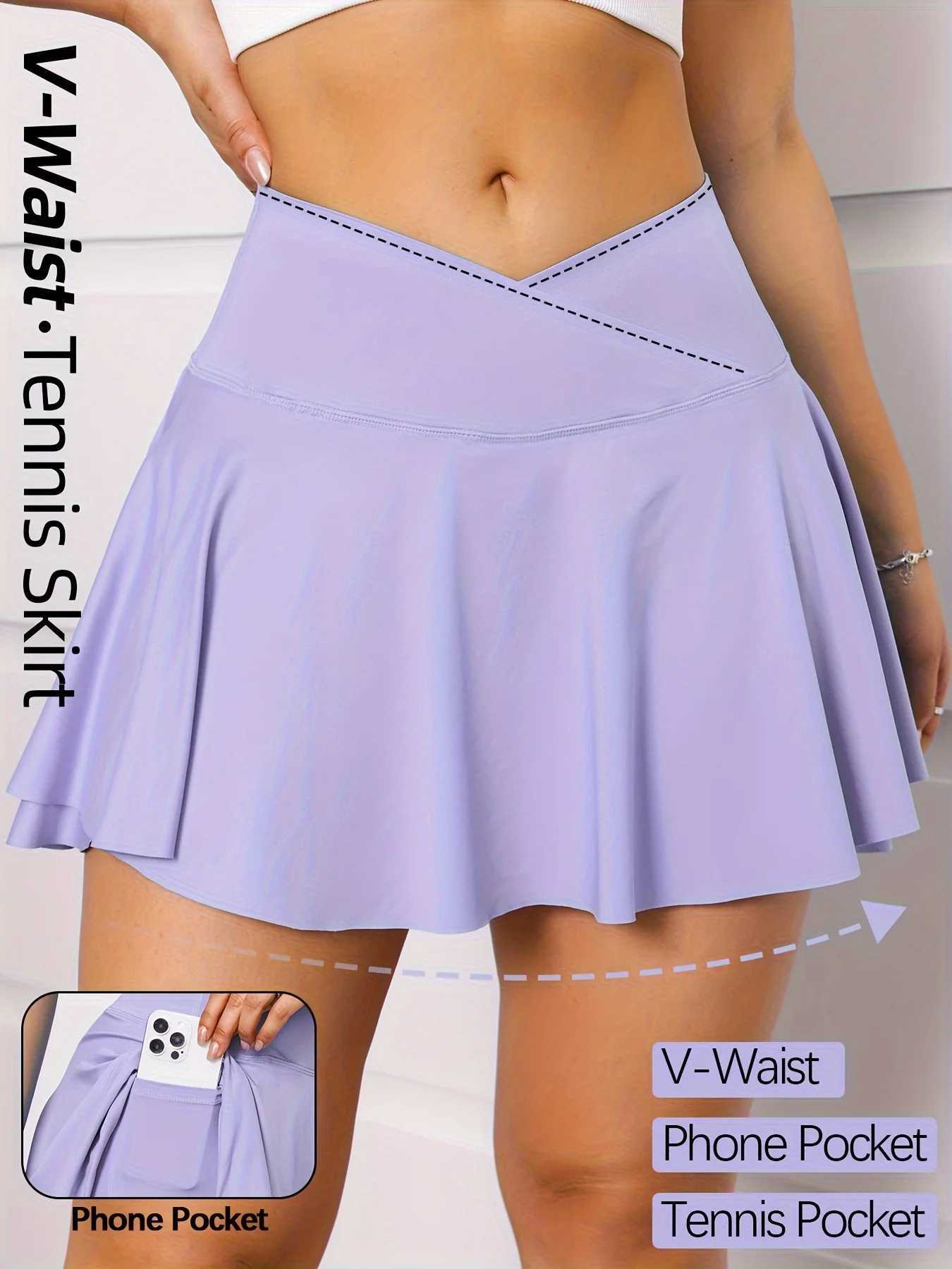 Womens V-Waist Sports fake two pieces Skirt With Pockets For TennisBadmintonYogaFitnessRunningMarathonXJ250520