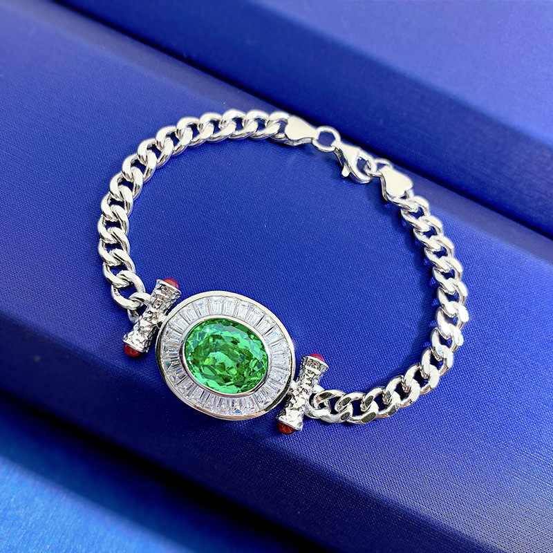 New S925 Silver 10*12 Paraiba Green Cuban Link Bracelet for Men and Women