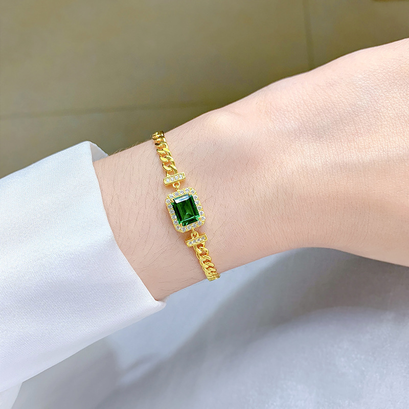 New S925 Sterling Silver Bracelet with 6x8mm Faux Emerald, Simple & Elegant Design for Women, Luxury Minimalist Jewelry