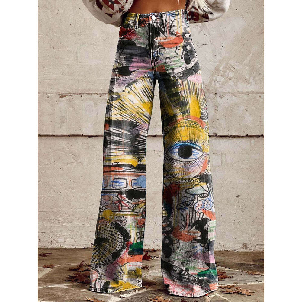 Women's High-Waisted Wide-Leg Stretch Jeans - Printed Design for Casual Chic Look