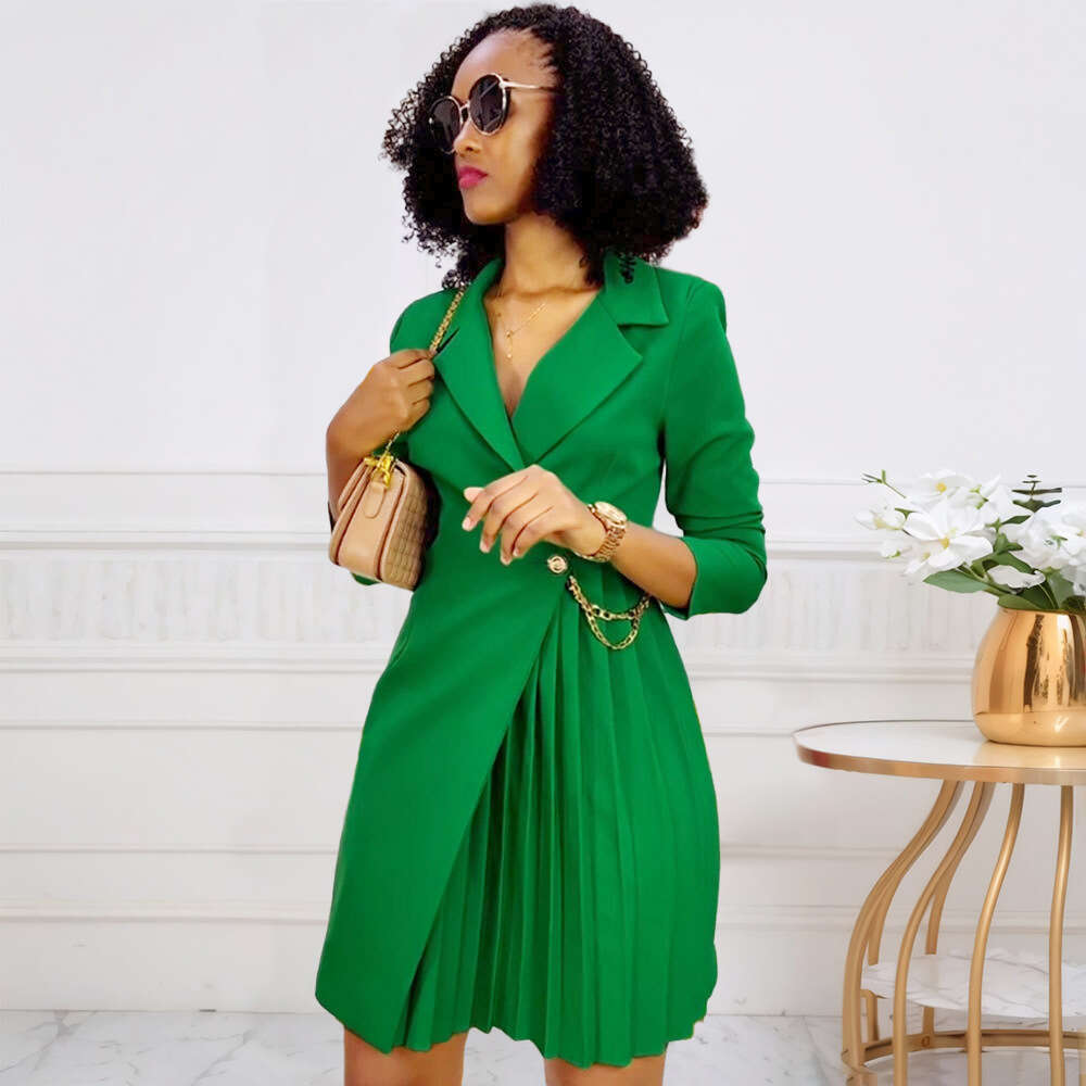 Women's Wear D3301 Autumn And Winter New Sexy Waist Cinching Pleated Suit Collar Dress
