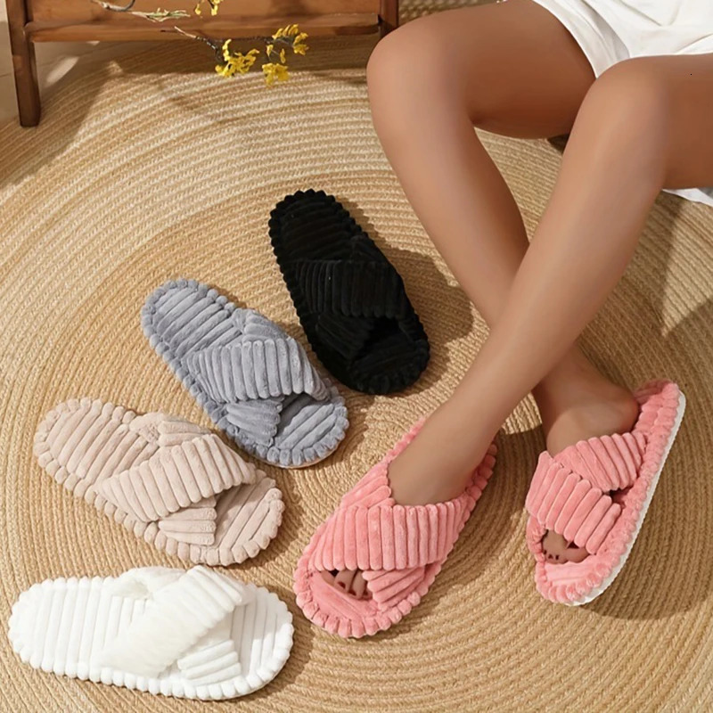 Corduroy Flat Home Slippers for Women 2024 Fashion Cross Band Warm Plush Slides Woman Indoor Lightweight Soft Sole Cotton Shoes 250516
