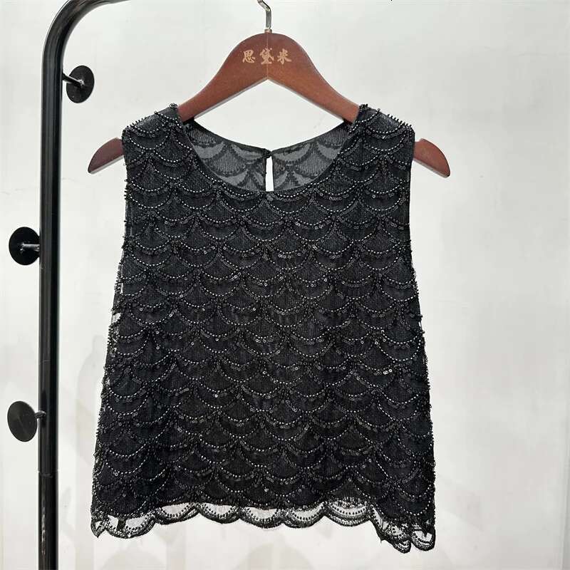 Bling Sequined Tanks Tops Women Fashion Heavy Industry Double-Sided Vest Vacation Leisure Beaded Chiffon Top