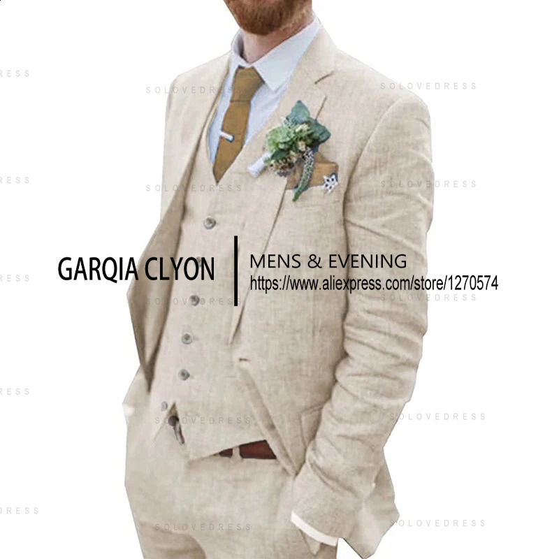 3 Piece Mens Retro Linen Men Suit Beach Wedding Suit Summer Slim Fit Linen Suit Groomsmen For Wedding Blazer Vest Pants 250519