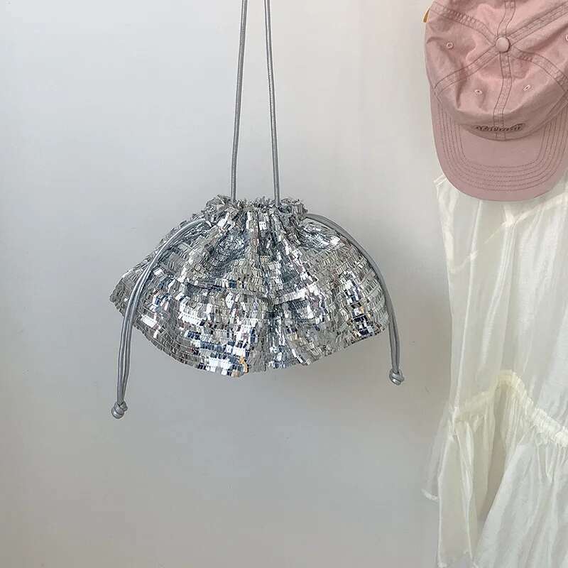 Korean Fashion Sequined Women's Handbags Personality Drawstring Y2k Aesthetic Shoulder Bags Design Vintage Underarm Bag