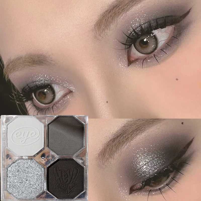 Smoky Silver Gray Black Eyeshadow Palette Dark Punk Glitter 4 Colors Eye Shadow Waterproof Easy Coloring Pink Brown Eye MakeupXJ250520