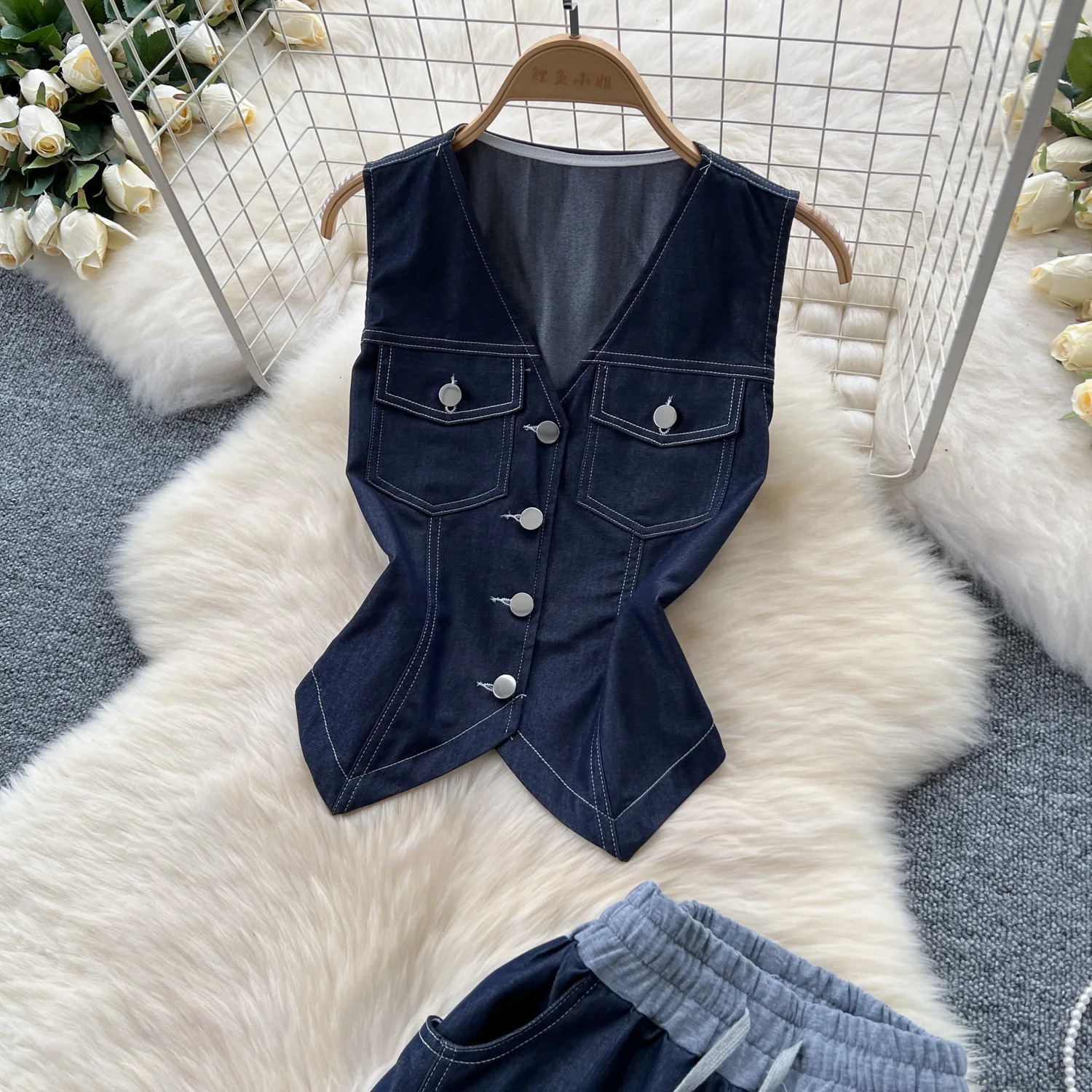 Two Piece Set Women Pant Sets V Neck Denim Y2k Streetwear Matching Sets Vest Top Wide Leg Long Pants Lace Up High Waist 250516