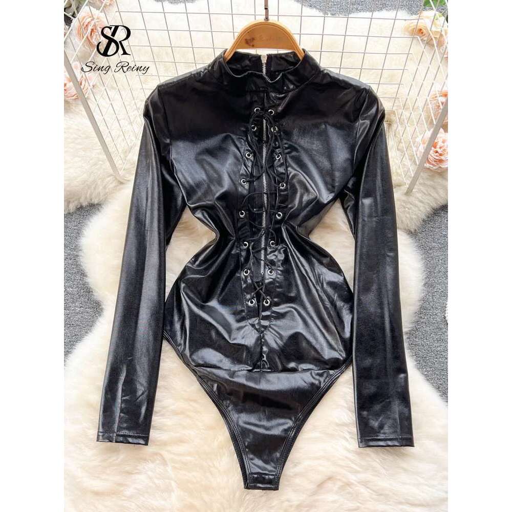 SINGREINY Autumn Drawstring PU Leather Sexy Rompers Women Zipper Open Crotch Slim Bodysuits Fashion Corset Streetwear Playsuits