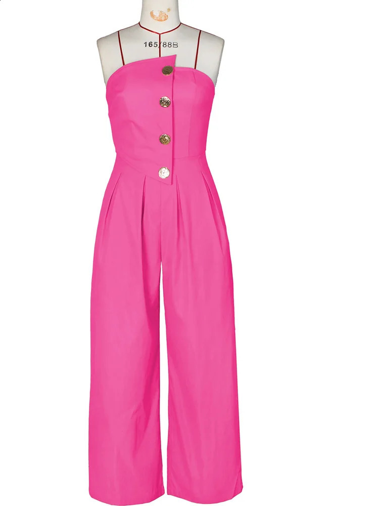 Beyprern Chic Button Details Palazzo Jumpsuit One Piece Outfits Womens Ruched Strapless Wide Legs Jumpsuits Romper Clubwear 250519