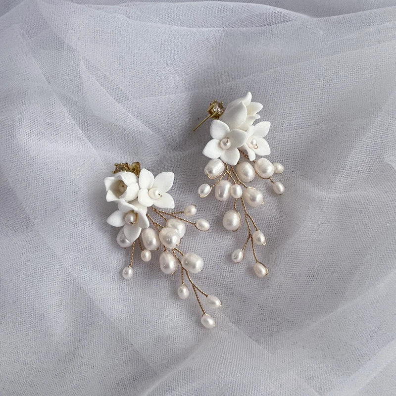 Freshwater Pearls Wedding Bridal Earrings White Porcelain Flower Women Drop Earring Handmade Jewelry 250517