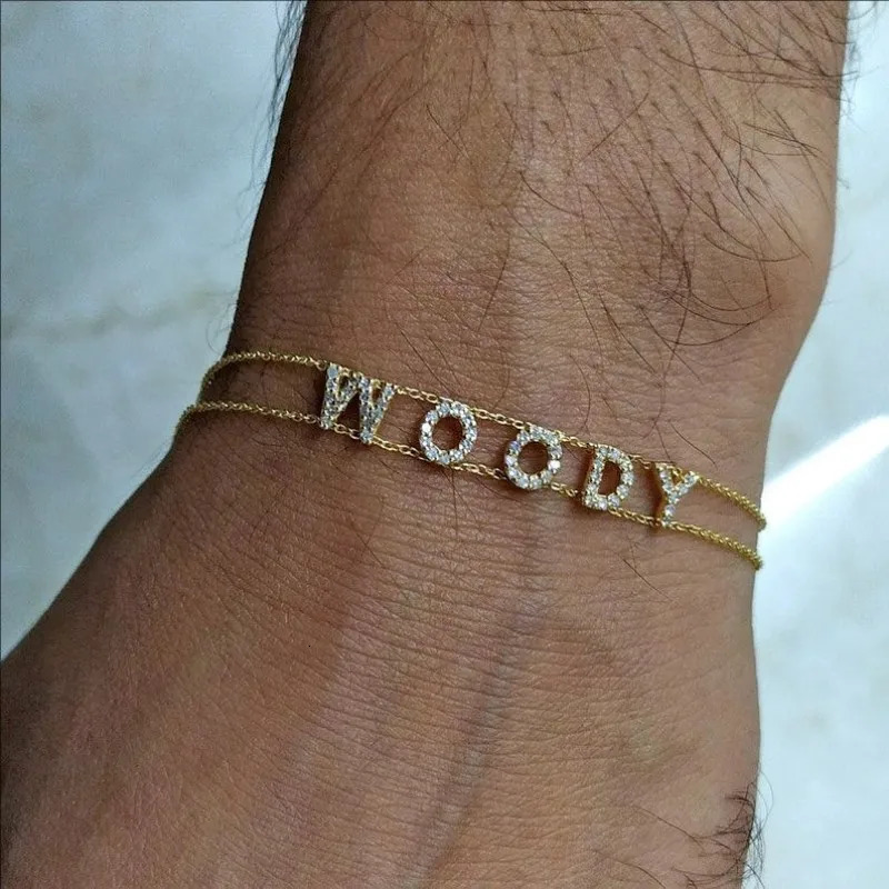 18K Gold Double Chain Pave Initial Bracelet Personalized Name Bracelet Special Gift For Her 250520