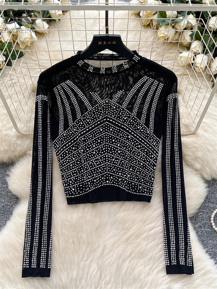 SINGREINY Senior Beading Sexy Blouse Women Long Sleeves O Neck Short T Shirt Girl Fashion Streetwear Shiny Crop Tops 250520