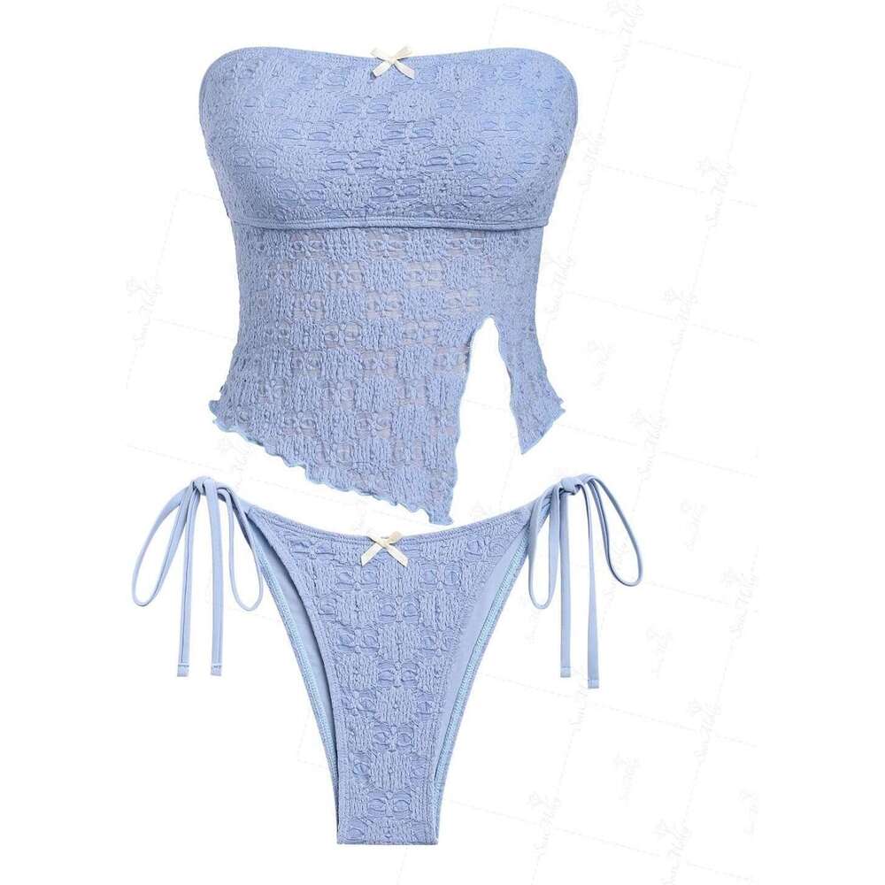 DHEssentials Lace Asymmetrical Slit Bowknot Decor Tie Side Tankini Set