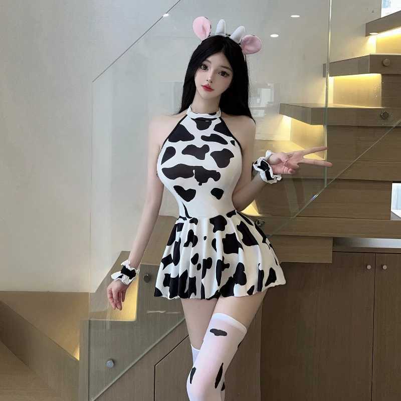 Cute Cow Cosplay Uniform Sexy Milk Cow Costume Seduction Lingerie Anime Lolita Playful Cat Girl Printed Dress Adult Sex Set R250520