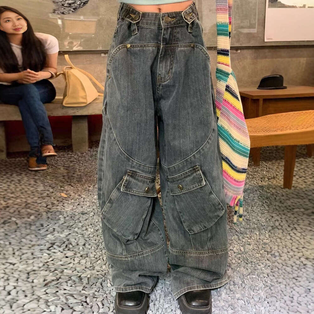 American oversized washed workwear jeans, high street hip-hop fashion loose spicy girl mop pants