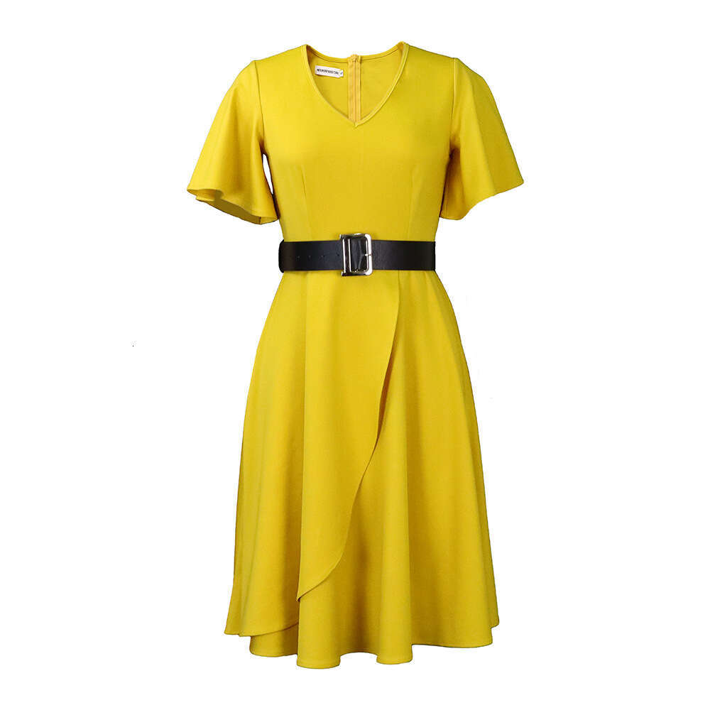 Women's Wear D297p Belt 2022 Summer New Women's Loudsleeves Solid Color Large Dress