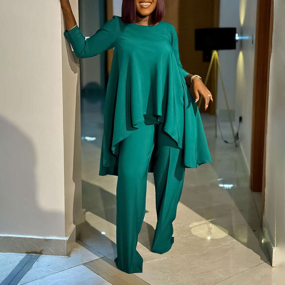 Women's Wear D3260 Women's Fashion And Temperament Large Size Long Sleeved Top Wide Leg Pants Set