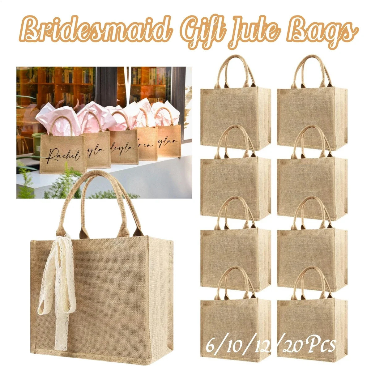 6-20Pcs Burlap Tote Bags DIY Jute Bags with Handles Blank Jute Tote Bridesmaid Gift Bags for Wedding Bachelorette Beach Party 250516