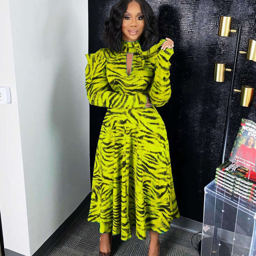 Women's Wear Women's Autumn And Winter Temperament Commuting Long Sleeved High Waist Hem Printed Large Size Dress