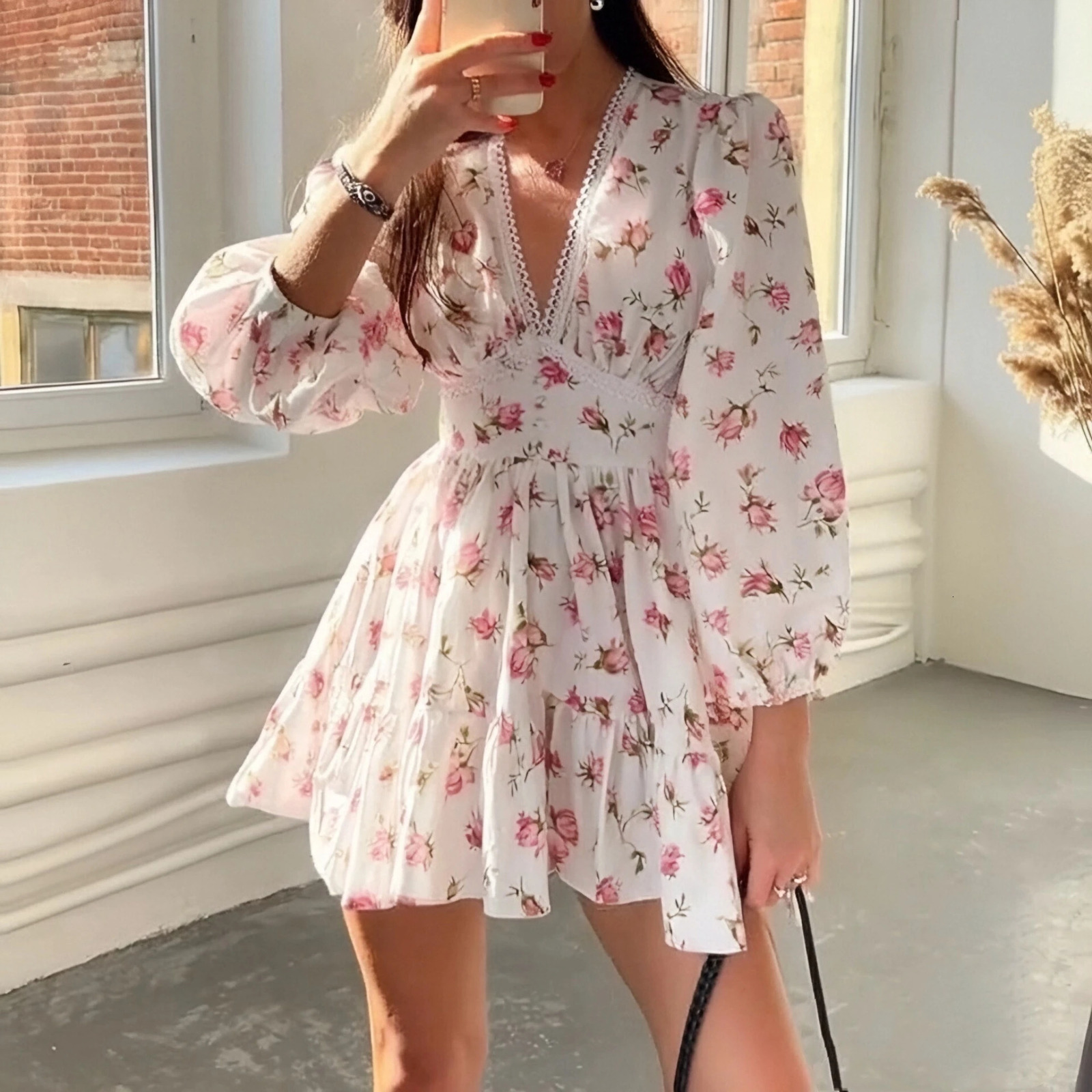 Women Fashion Floral Print Dress Summer Fall V Neck Lace Long Sleeve Mini Dresses Female Casual Street Holiday Vestidos 250520