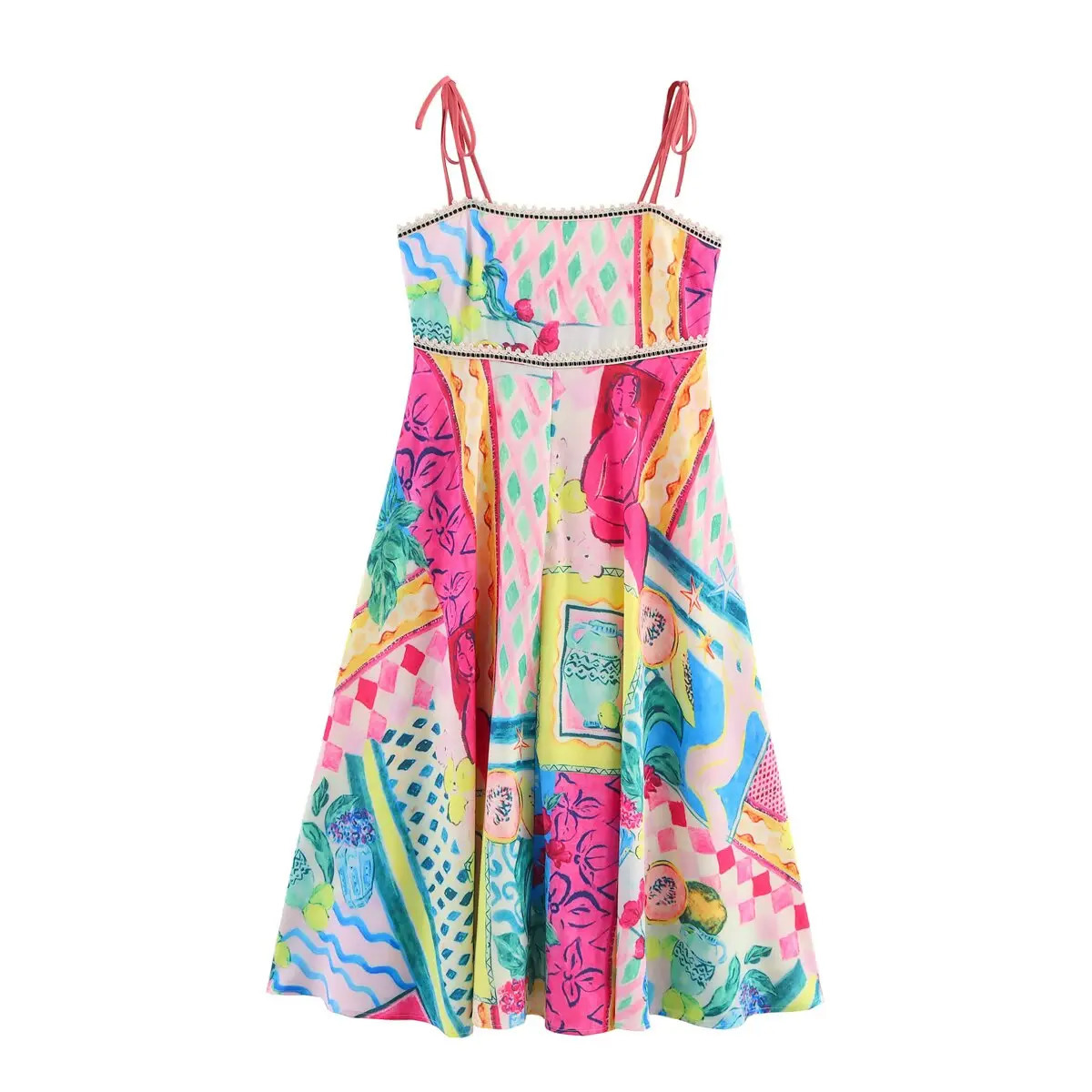 Zevity Women Holiday Wind Colorful Oil Painting Print Casual Long Dress Female Chic Lace Stitching Sling Vestidos DS9167 250520