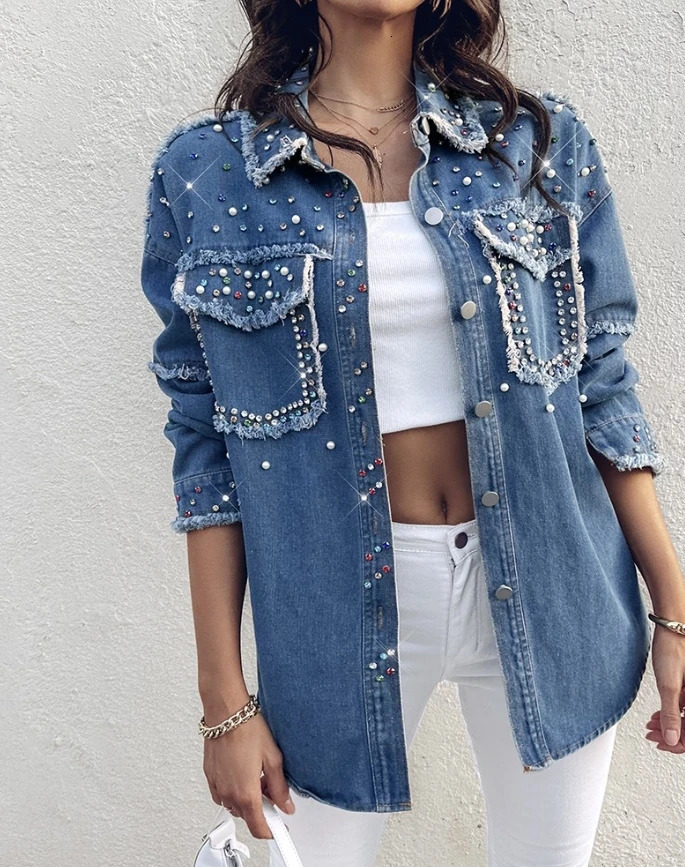 Trendy Womens Denim Jacket Colorful diamond decorated vintage denim jacket with pocket buttons long sleeved collar 250519
