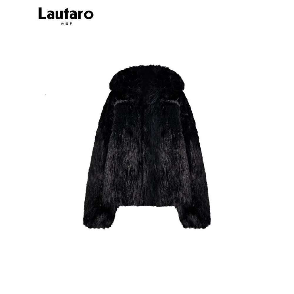 Lautaro Winter Cool Oversized Casual Soft Thick Warm Black Hariy Shaggy Faux Fur Coat Women Turn-down Collar Fluffy Jacket 2023
