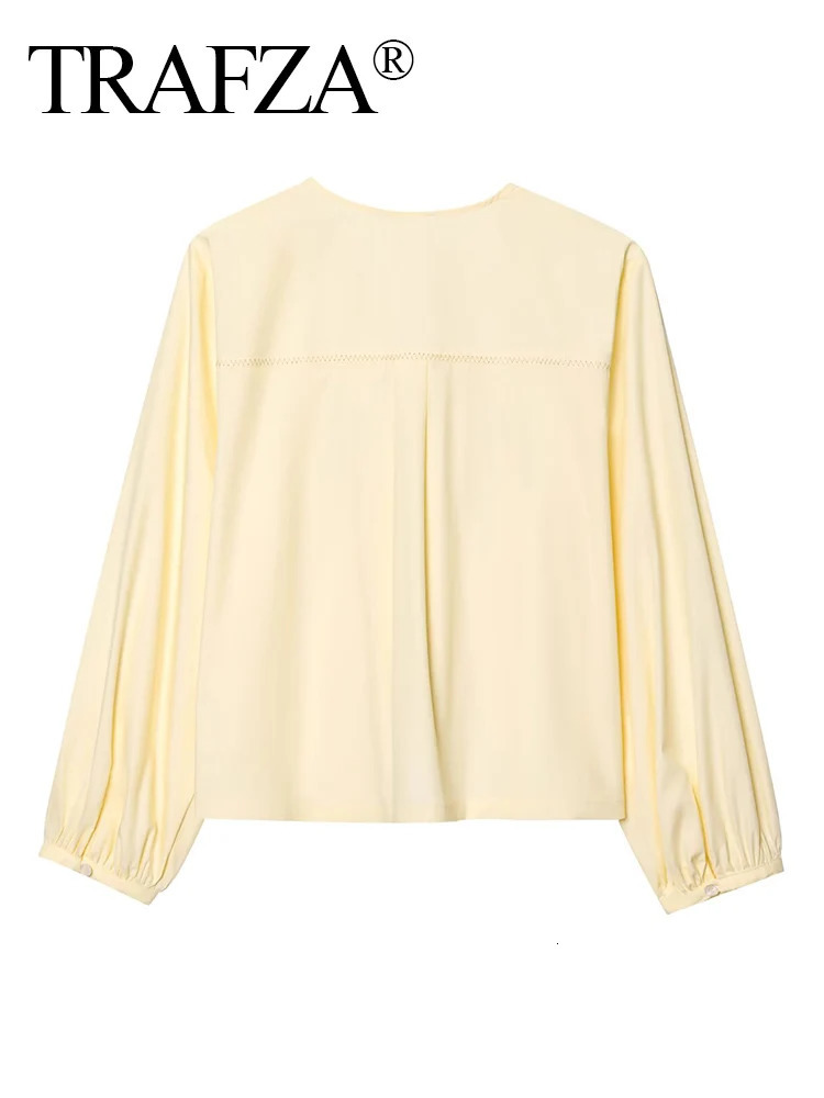 TRAFZA Women Casual Lace Up Shirt With Bow Summer Long Sleeve Loose Female Shirts Puff Blouses Office Top 250520