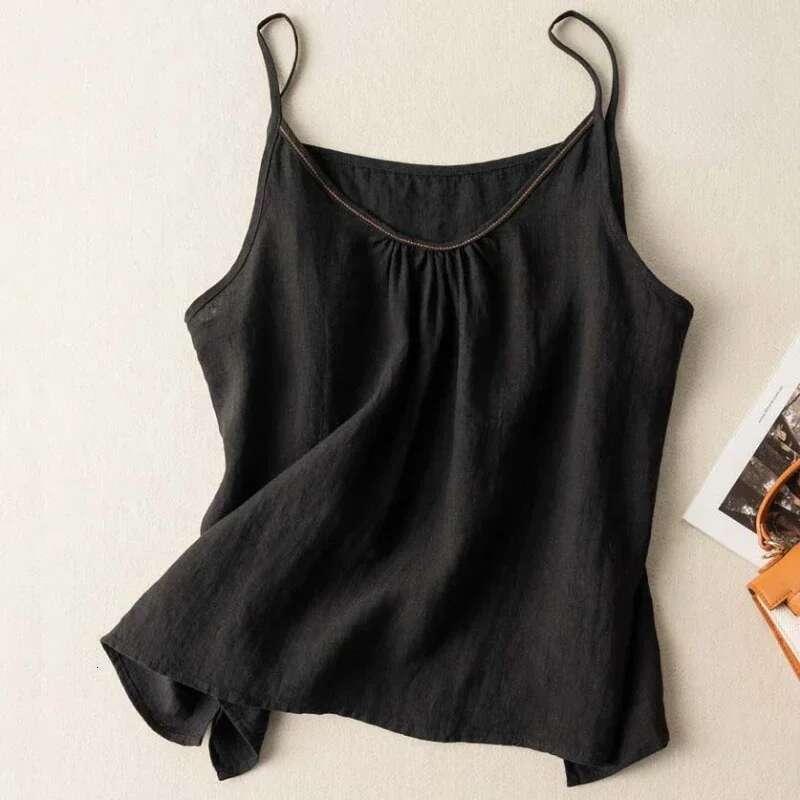 Fashion COTTON Linen Spaghetti Strap Tank Solid Versatile Women Top New Summer 2024 Casual Loose Retro Black Tanks & Camis