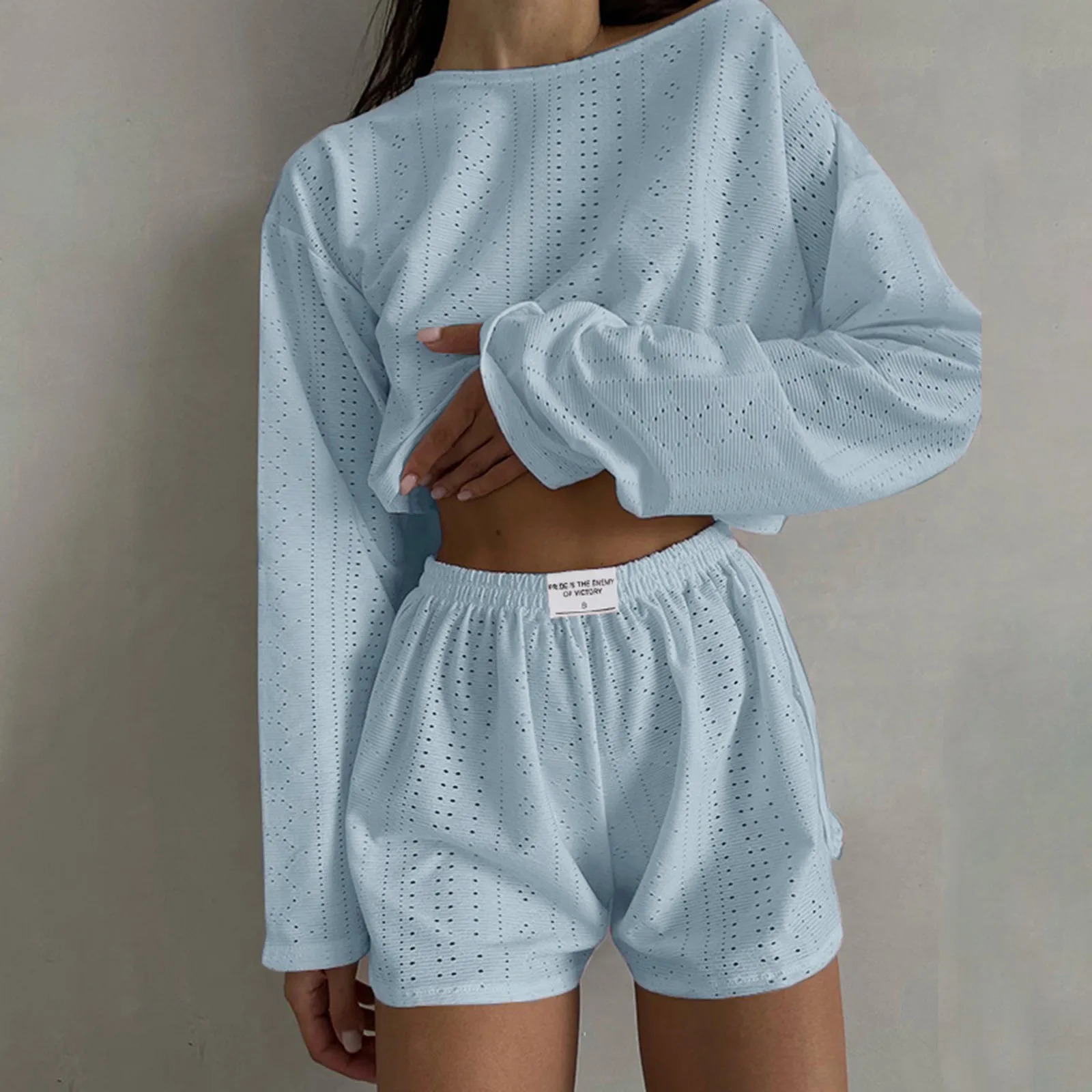Womens Summer Fashion Casual Two Piece Outfits Casual Shorts Set O Neck Long Sleeve Tops And Shorts Swim Short Suits for Women 250516
