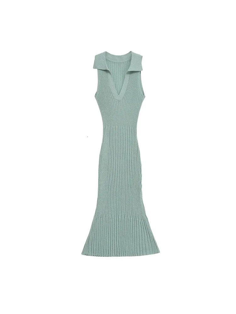 TRZA Fitted Sleeveless Knit Maxi Dress for Women Fashion Lapel Collar Female Vestidos Mujer 250520