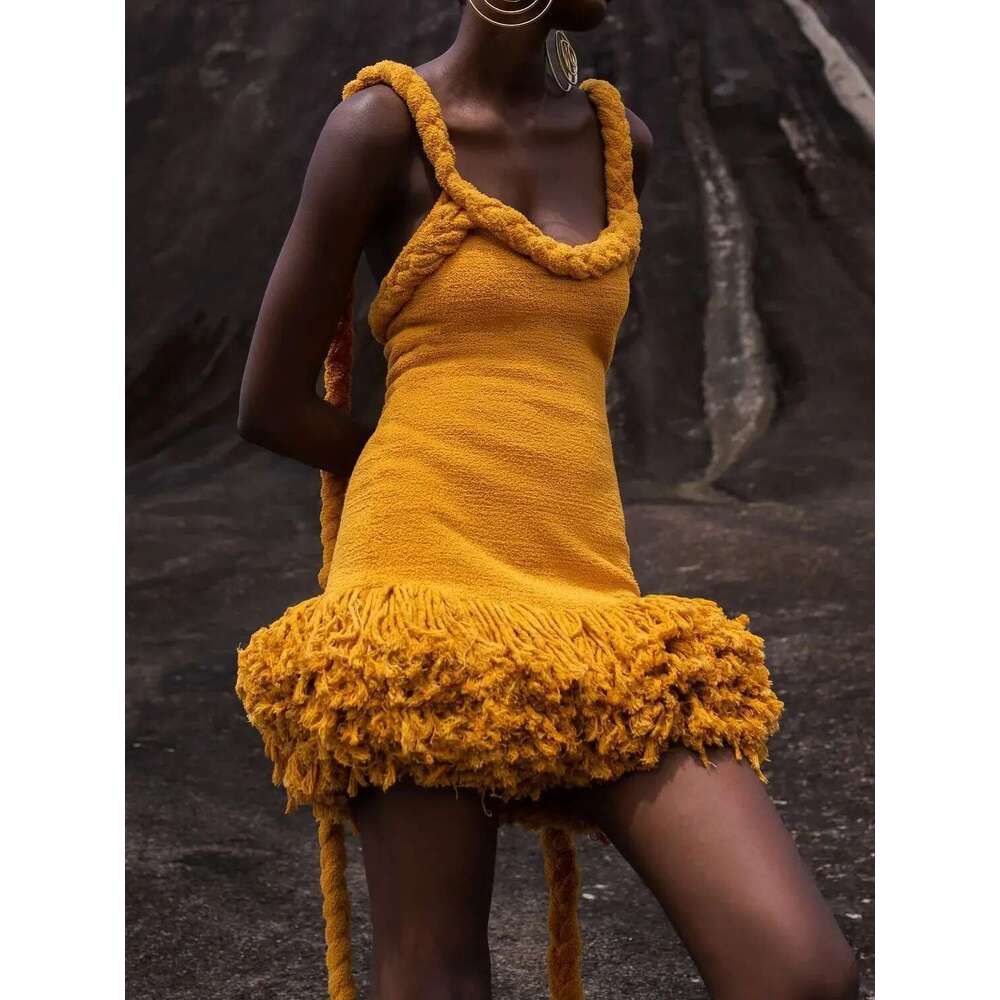 Solid Hand-Woven Fringe Mini Women Summer Party Bandage Dresses U Neck Backless Halter Elegant Slim Dress