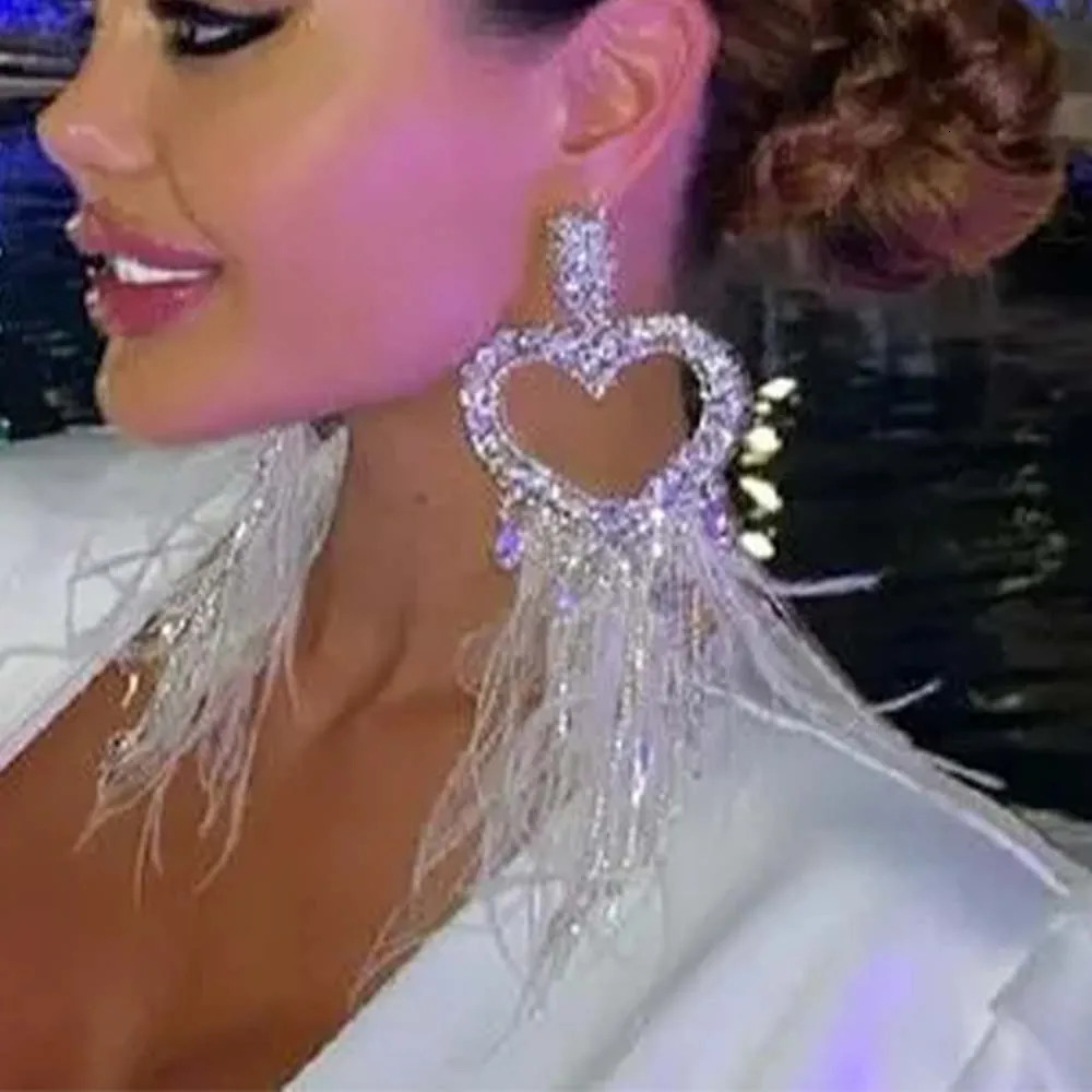 Stonefans Feather Exaggerated Heart Earrings Dangle Bridal Wedding Large Crystal Hanging Earrings Prom Jewelry Club 250520