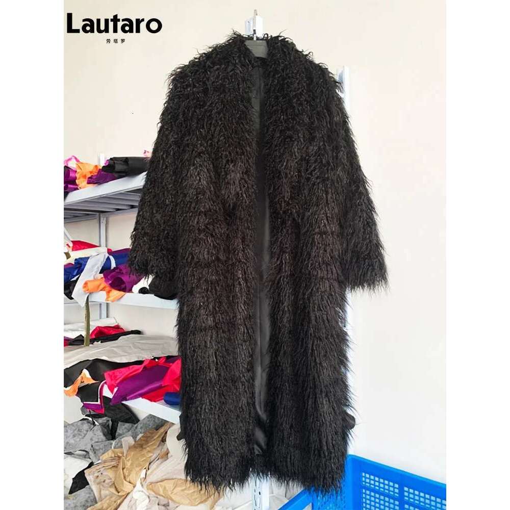 Lautaro Winter Long Shaggy Hairy Thick Warm Soft Orange Black White Faux Fur Coat Women Designer Clothes Streetwear 2022