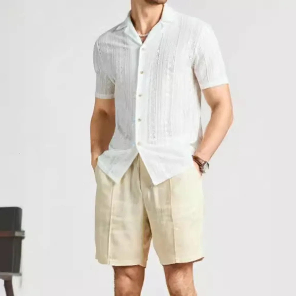 Mens Shortsleeved Shirt Lace Loosecut Knitted Casual TShirt Fashion Male Tops 250520