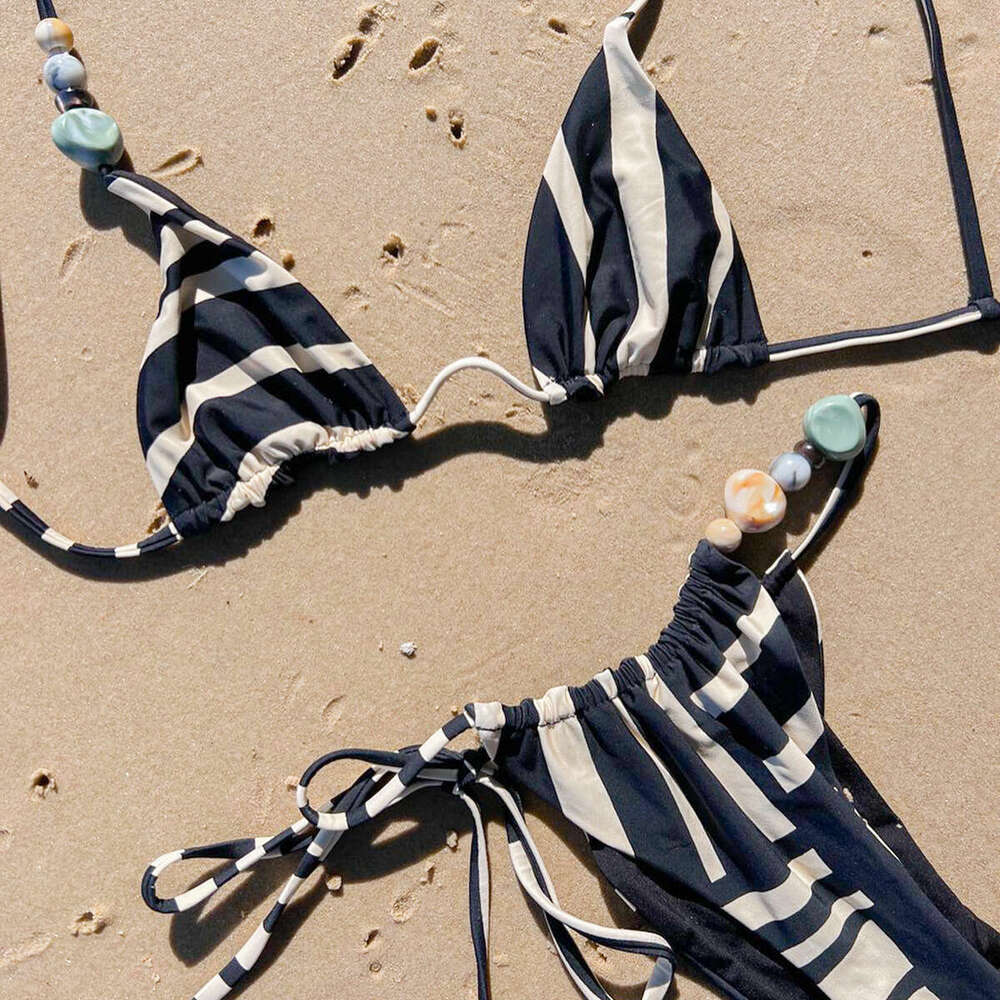 Beach bikini European and American three-point women's sexy striped swimsuit two-piece set 2025 new casual fashion trend clothing