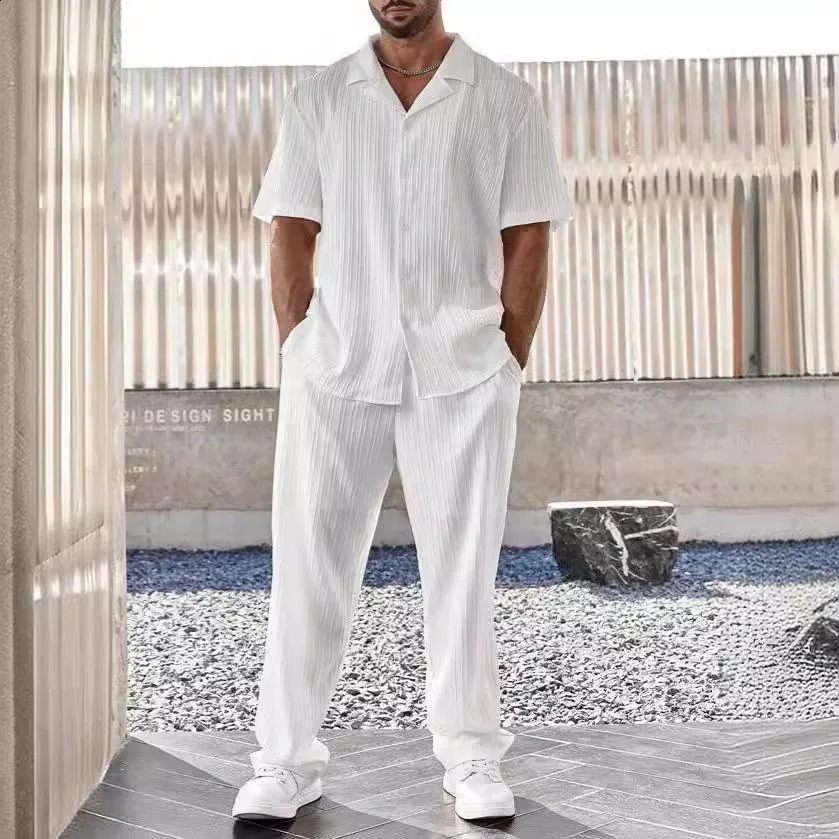 Mens Suit Casual Button Shirt and Short Sleeve Pants Two-piece Set for Men 250519