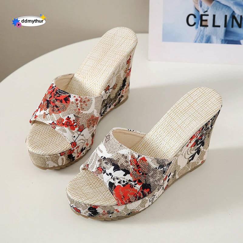 Women Fashion Shoes Casual Flip Flops Summer Vintage Floral Print Peep Toe Wedge Slippers Zapatos De Mujer ddmythur