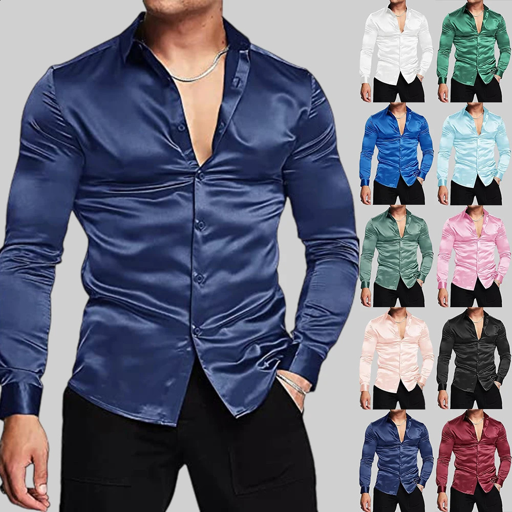 Mens y shiny lapel silk satin dress long sleeved fashionable ball shirt slim fit muscle button tailcoat 250420