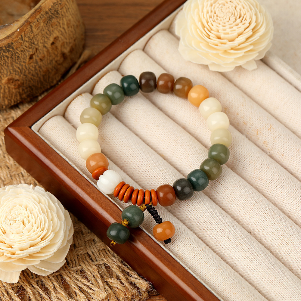 New Chinese White Jade Bodhi Root Hand String China-Chic Lotus Pendant Buddha Beads Bracelet Female Jewelry