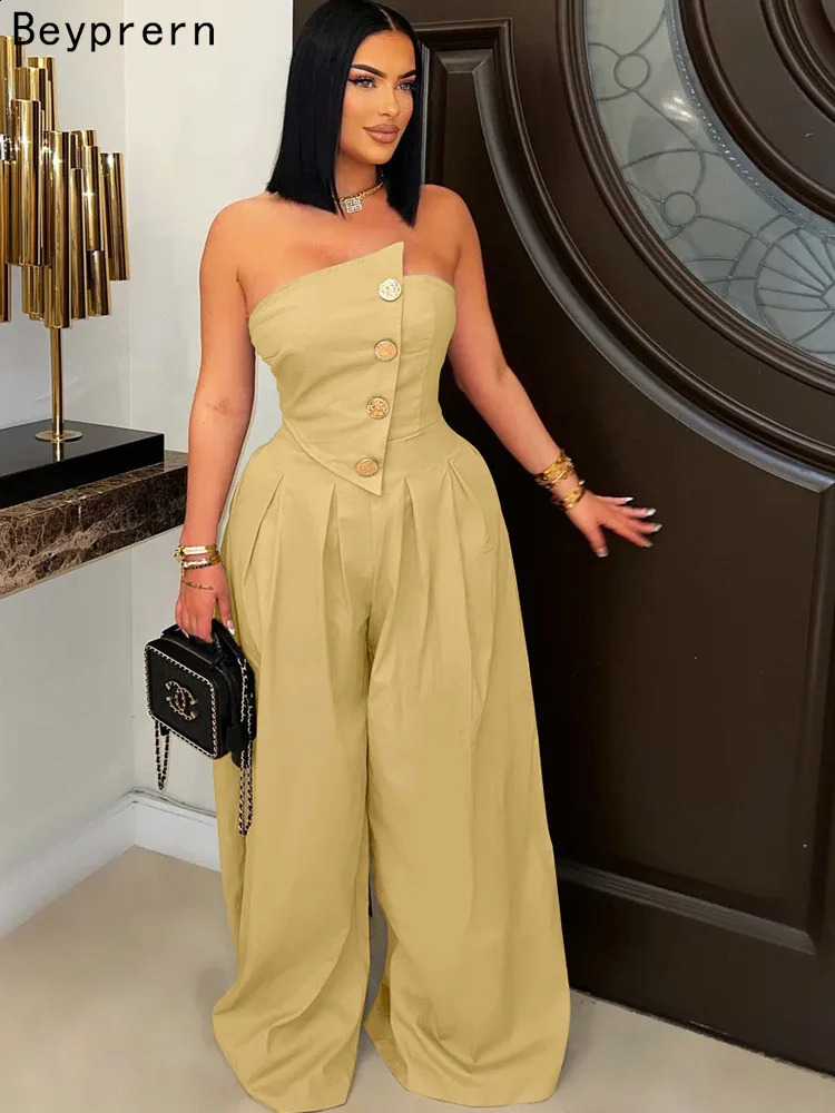 Beyprern Chic Button Details Palazzo Jumpsuit One Piece Outfits Womens Ruched Strapless Wide Legs Jumpsuits Romper Clubwear 250519