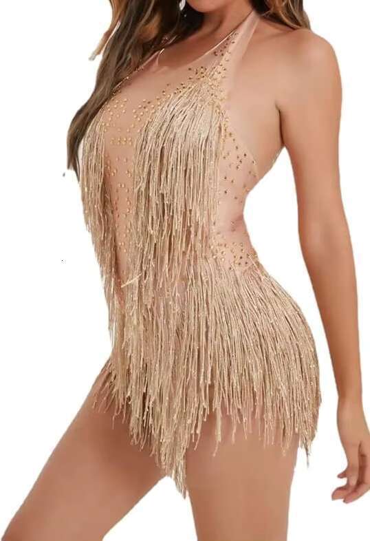 Sparkly Gold Rhinestones Tassel Bodysuit Women's Birthday Party Showgirl Outfit For Gymnastics Dance Leotard Fringes Clothing