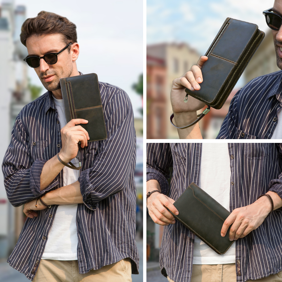 CONTACT'S Genuine Leather Family Passport Clutch Wallets Vintage Men Travel Clutch Bags Passport Cover Card Holder Phone Pocket