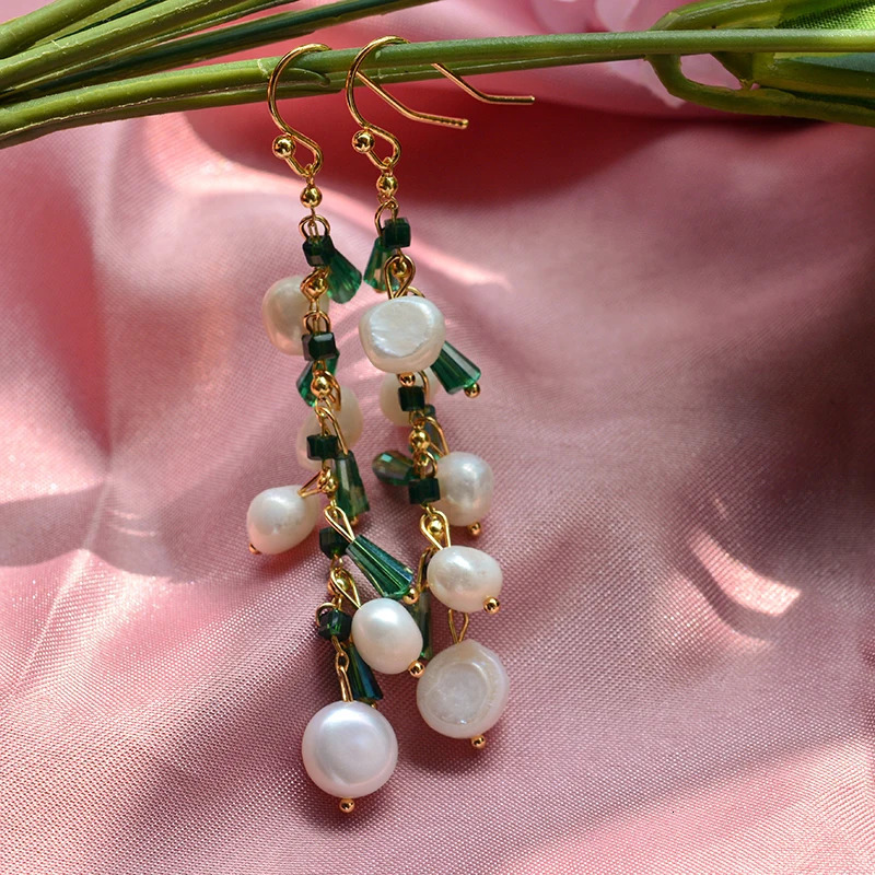 Arrival Trendy Green Crystal Natural Freshwater Pearl 14K Gold Filled Female Tassels Drop Earrings Jewelry For Women Gifts 250517