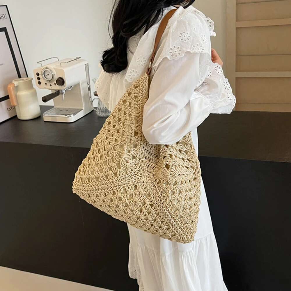 Summer Straw Hollow Out Tote Large Beach Bag Solid Color Holiday Travel Handbag Boho Shoulder Purse For Women