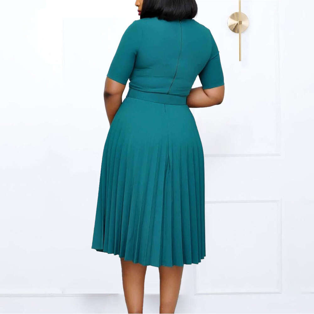 Women's Wear D3292 New Round Neck Mid Length Pleated Skirt Plus Size Dress