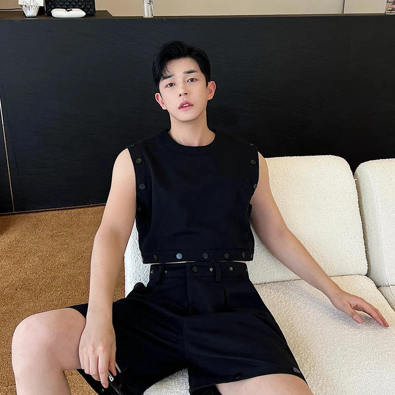 Summer Rivet Sleeveless Vests Mens Detachable Wide-Leg Pants 2PCs Trendy Handsome Male Waistcoat Two-Piece Set 250519