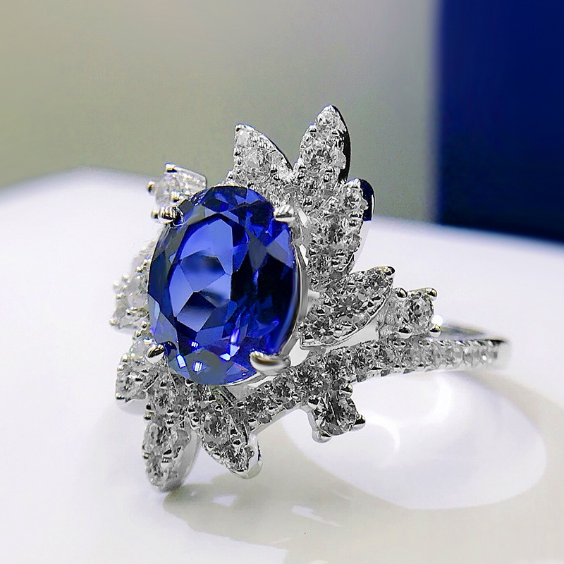 New 925 Sterling Silver Oval Synthetic Blue Sapphire Ring with Ice Flower Design, 7*9mm, Elegant and Luxurious Jewelry for Women.